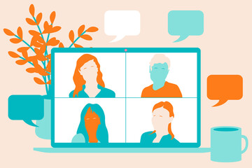 Video call conference or meeting people talking about the news and global events. Stream friends. Chatting from home. Vector flat illustration.