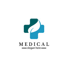 Medical cross and herbal leaf. medicine pharmacy logo. medical health symbol. herbal health care logo. nature logo.