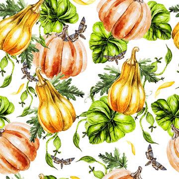 Beautiful watercolor seamless pattern with sunflower, pumpkins and leaves. 
