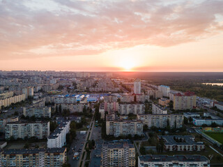 Aerial view of a densely populated sleeping area of ​​the Kiev metropolis