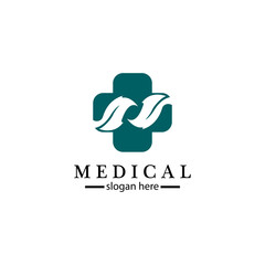 Medical cross and herbal leaf. medicine pharmacy logo. medical health symbol. herbal health care logo. nature logo.