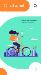 Courier riding bike and checking address on phone. Woman delivering order, using cell with map flat vector illustration. Delivery service concept for banner, website design or landing web page