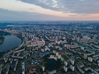 Naklejka na ściany i meble Aerial view of a densely populated sleeping area of ​​the Kiev metropolis