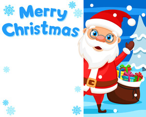Santa Claus looks out and waves from behind a white shield. Place for text, postcard