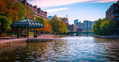 Autumn landscape of Boston city at the Lechmere Canal Park