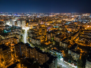 Fototapeta premium Aerial view of the Obolon district in Kiev at night