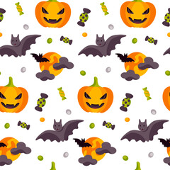 Halloween cute seamless pattern with a pumpkin, moon and bat. Children design for clothes, wrapping paper, textile, fabric, wallpaper. Vector illustration