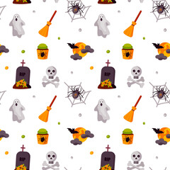 Halloween cute seamless pattern with a skull and crossbones, broom, ghost, moon, bat, spider and grave. Children design for clothes, wrapping paper, textile, fabric, wallpaper. Vector illustration