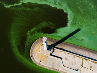 Aerial view of the lighthouse surrounded by algal bloom