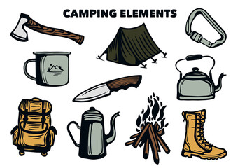 Camping Elements and Hiking Tool Set collection colored