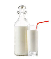 Glass bottle and cup of fresh milk isolated