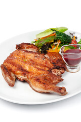 Roasted chicken with crust isolated on white background