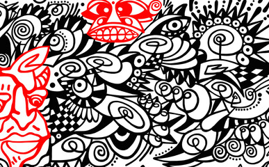 Black and white pattern on a white background with highlighted red cartoon faces, abstract design	