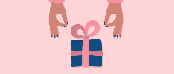 Vector illustration. Greeting web banner with two female hands and gift box tired a pink bow. Central composition.