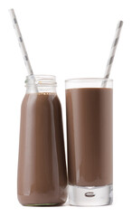 Glass cup of chocolate milk with a straw isolated on white