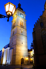 Fototapeta na wymiar White tower at night, Hradec Kralove city, Czech Republic