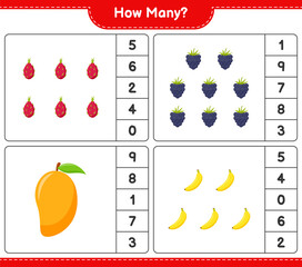 Counting game, how many fruits. Educational children game, printable worksheet, vector illustration