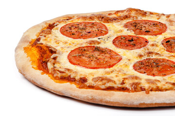 Close up photo of fresh pizza isolated on white