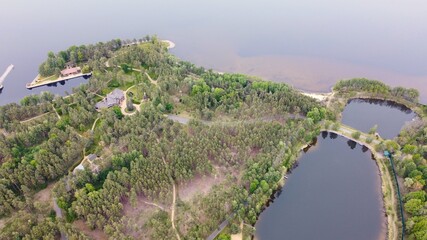 Obraz premium Mezhyhirya, Ukraine - June, 2020: Aerial view on Park and private residence of ex-president Victor Yanukovich in Mezhyhirya, Kyiv region