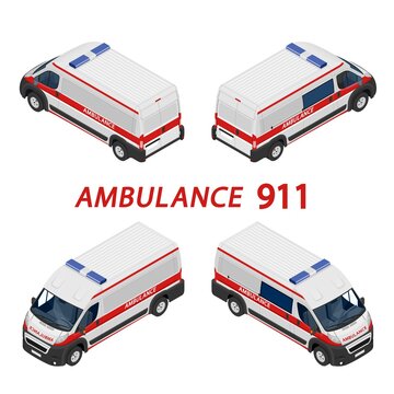 Transport isometric set Ambulance van isolated vector illustration. Emergency medical evacuation accident. Accident Ambulance Aid Service Clinic Emergency Department for Infographics, banner, web
