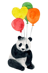 Watercolor panda with balloons, clipart, nursery illustration, white background