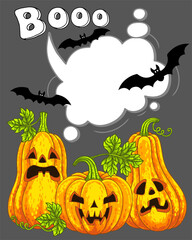Pumpkins monster with a carved horrible smile. Happy Halloween. Vector template in a cartoon style for your design for the holiday. The main symbol the Halloween holiday.