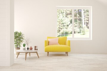 White living room with armchair and green landscape in window. Scandinavian interior design. 3D illustration