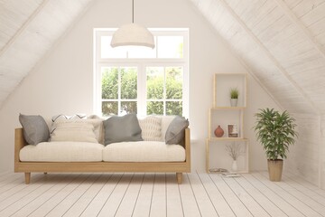 White living room with sofa and summer landscape in window. Scandinavian interior design. 3D illustration