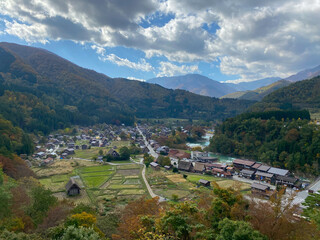 the heritage village of shirakawa in Japan from the hill.