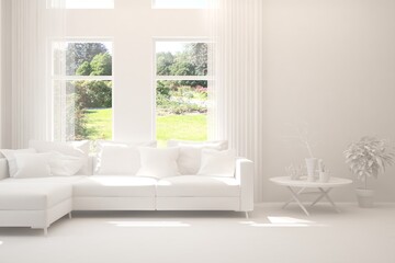 White minimalist living room with sofa. Scandinavian interior design. 3D illustration
