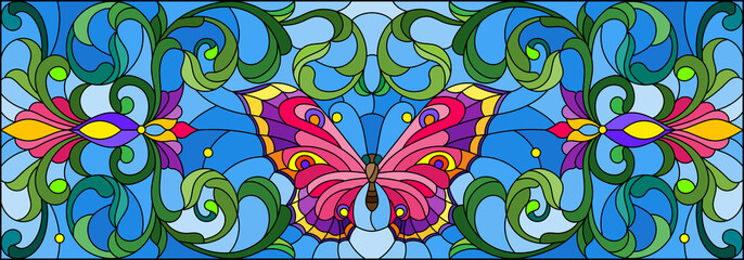 Illustration in stained glass style with a bright butterfly, flowers and swirls on a blue background, horizontal illustration