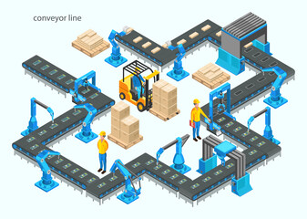 Automatic factory with conveyor line and robotic arms. Assembly process. Vector illustration