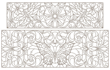 Set of contour illustrations with abstract butterfly, dragonfly and flowers, horizontal images, dark contours on a white background