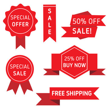 Sale promotion red banners icon set. Online store marketing badges vector illustration.