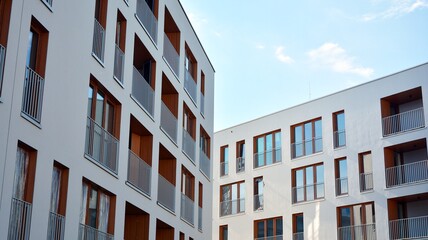 Estate property and condo architecture. Fragment of modern residential flat with apartment building exterior. Detail of new luxury home complex. 