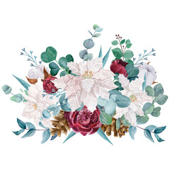 Beautiful botanical bouquet watercolor illustration. Peony, eucalyptus, poinsettia, cotton isolated on white background.