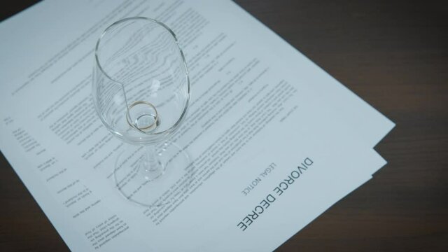 Marriage problems. A broken glass with a wedding ring is on the divorce papers.