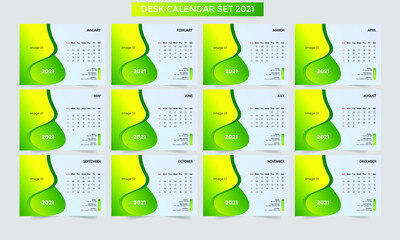 Set Desk Calendar 2021 template design. Set of 12 Months, Week starts Monday