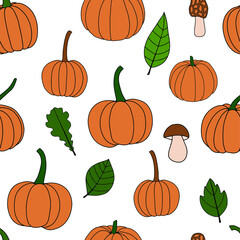 Pumpkin, leaf, acorn, mushroom. Vector doodle seamless pattern. Surface pattern design. Background. Autumn Thanksgiving day Happy Halloween party Harvesting. Forest. Vegatarian food symbols.
