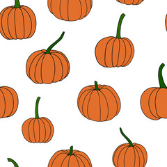 Pumpkin, leaf, acorn, mushroom. Vector doodle seamless pattern. Surface pattern design. Background. Autumn Thanksgiving day Happy Halloween party Harvesting. Forest. Vegatarian food symbols.
