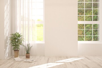 White empty room with summer landscape in window. Scandinavian interior design. 3D illustration