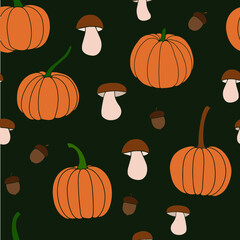 Pumpkin, leaf, acorn, mushroom. Vector doodle seamless pattern. Surface pattern design. Background. Autumn Thanksgiving day Happy Halloween party Harvesting. Forest. Vegatarian food symbols.

