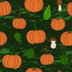 Pumpkin, leaf, acorn, mushroom. Vector doodle seamless pattern. Surface pattern design. Background. Autumn Thanksgiving day Happy Halloween party Harvesting. Forest. Vegatarian food symbols.

