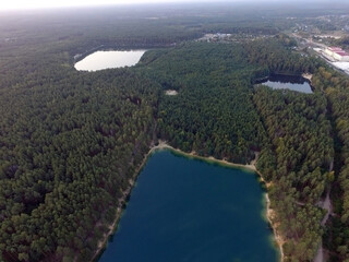 Blue Lake in the Chernigow region, Ukraine.Former quarry of quartz sand for glass production.Popular local resort at present. Drone aerial view