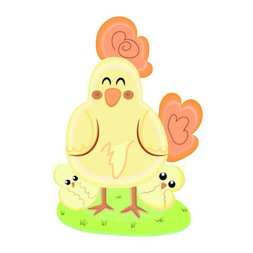 Mother hen with chicks. Animal kawaii cartoon - Vector
