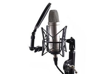 Vocal recording set including microphone and pop filter isolated on white background
