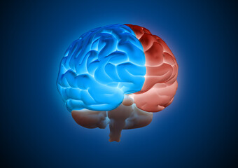 3D rendering glowing hemispheres brain on dark BG