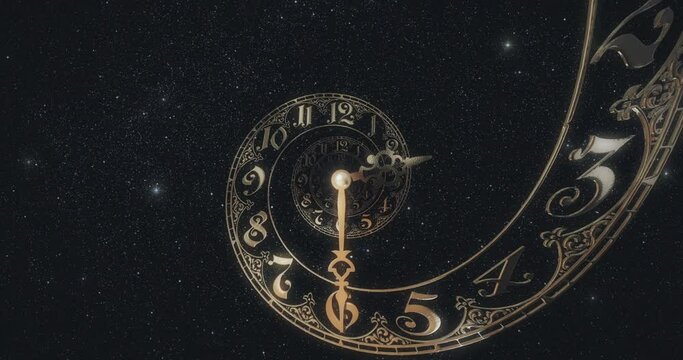 Classic gold spiral dial endlessly moving towards the camera.The arrows describe a full circle . It symbolizes the infinity of time. Against the background of space and stars. 3D render