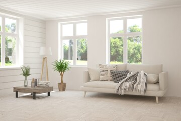 White living room with sofa and summer landscape in window. Scandinavian interior design. 3D illustration