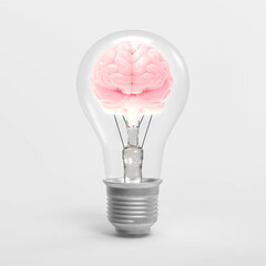 3D rendering light bulb with brain inside illustration isolated on white BG